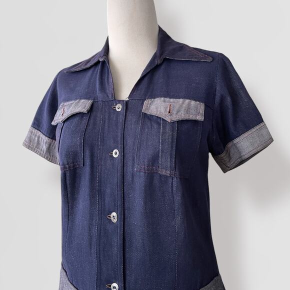 Vintage Utility Denim Jean Jacket Short Sleeve O/S Blue Navy Festival Grunge Y2K - Picture 5 of 10